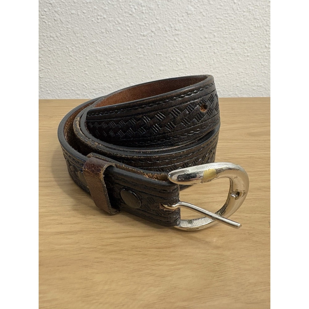 C.L. Western Basketweave Belt Tooled Leather 9700 Rodeo Brown Mens 40